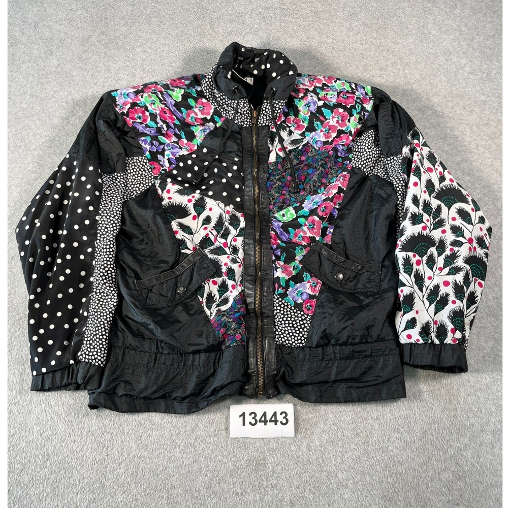 Vintage Clipper Bay Bomber Jacket Womens Medium Black Floral Polka Dot Full Zip